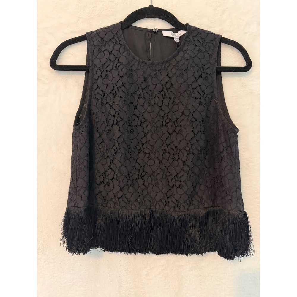 Derek Lam 10 Crosby Black Lace Fringe Hem Sleeveless Cropped Top Size 6